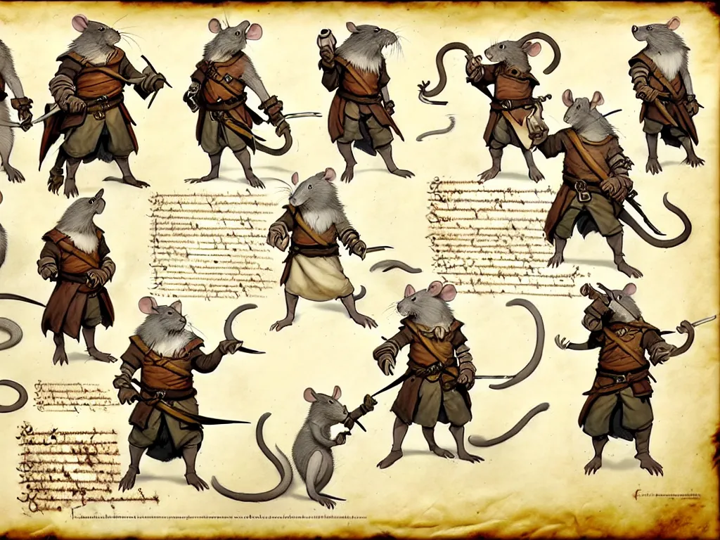 Image similar to character design sheet for a group of heroic rat pirates on a parchment background, redwall, greg rutowski and jean baptiste monge, very very detailed, epic fantasy concept art