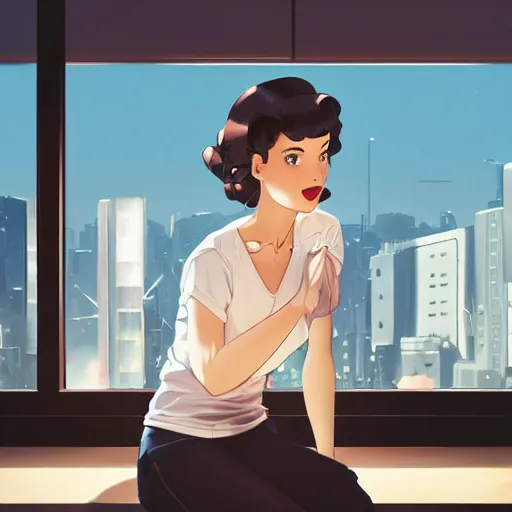 Prompt: portrait of a beautiful girl with dark hair that's styled in a 1940's fashion, dressed in a white t-shirt, sitting in an apartment kitchen alone by window that overlooks futuristic city, nighttime, low-key neon lighting, 4k, HQ, official media, anime key visual, makoto shinkai, ilya kuvshinov, lois van baarle, rossdraws, detailed, trending on artstation