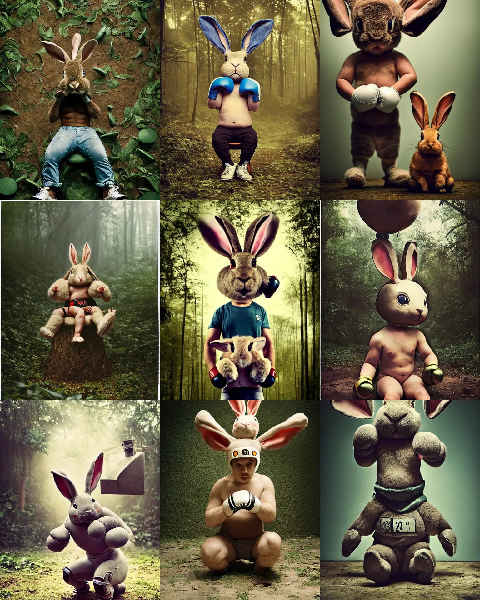 Prompt: boxing champion winning pose !! giant oversized battle rabbit robot chubby mech baby as tired sitting boxing champion !! with big ears and rabbit , on a jungle forest , full body , Cinematic focus, Polaroid photo, vintage , neutral dull colors, soft lights, foggy ,random weather, by oleg oprisco , by victor enrich