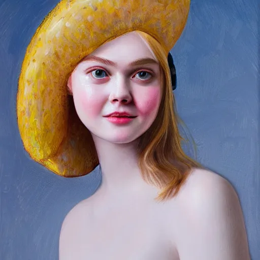 Prompt: portrait of a elle fanning with a helmet made from a lemon, detailed realism face in painting, detailed beautiful portrait, oil painting masterpiece, 8 k resolution, smooth, sharp focus, trending on artstation, by rembrandt