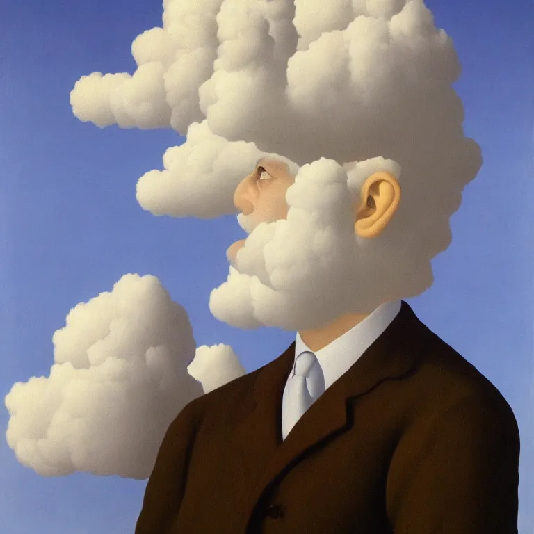 Prompt: portrait of a cloud man by rene magritte, detailed painting, hd, hq, high resolution, high detail, 4 k, 8 k