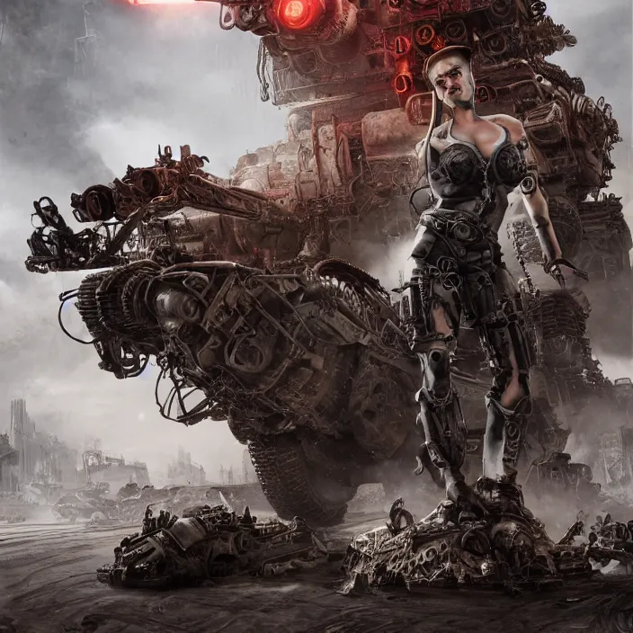 Image similar to beautiful apocalyptic woman with mohawk, standing on mad max panzer tank, hyper-detailed, smooth, sharp focus, 4k ultra hd, fantasy dark art, tank girl, artgerm, artstation, octane render, elegant, detailed digital painting, apocalyptic art, Francis bacon, gears of war, unreal engine, 3d depth map