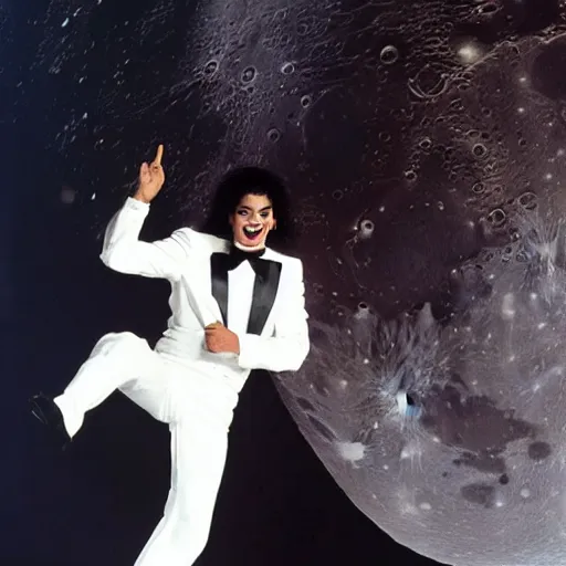 Image similar to michael jackson wearing his tuxedo and doing a moonwalk dance move on the moon