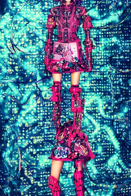 Image similar to antediluvian steppe magical girl wearing cybernetic floral valentino resort ss 2 0 1 4, cyberpunk steppe market background, bright fashion photography, hyperrealistic