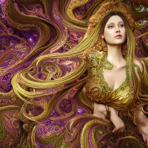 Prompt: wonderful princess of fractals, beautiful face, hyper detailed, flowing background intricate and detailed, ornate 8 k gorgeous intricate detailed, octane render, smooth platinum