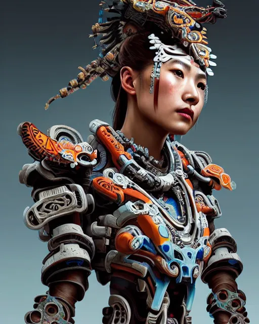 Image similar to portrait of a machine from horizon zero dawn, machine face, upper body, decorated with chinese opera motifs, asian, bian lian, traditional chinese art, intricate, elegant, highly detailed, digital painting, artstation, concept art, smooth, sharp focus, illustration, art by artgerm and greg rutkowski and alphonse mucha, 8 k
