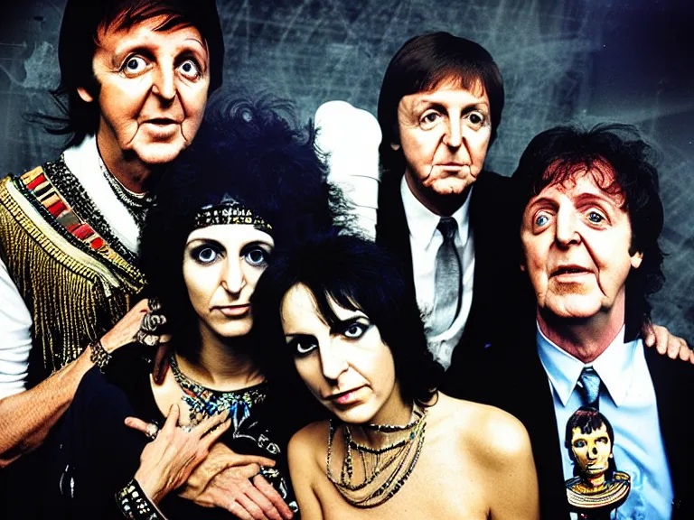 Image similar to a photo of Paul McCartney, Queen Cleopatra, and Conan O’Brian high on meth by Annie Leibovitz