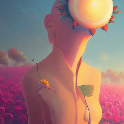 Image similar to closeup, giant rose flower as a head, frontal, girl in a suit, surreal photography, sunrise, dramatic light, impressionist painting, digital painting, artstation, simon stalenhag