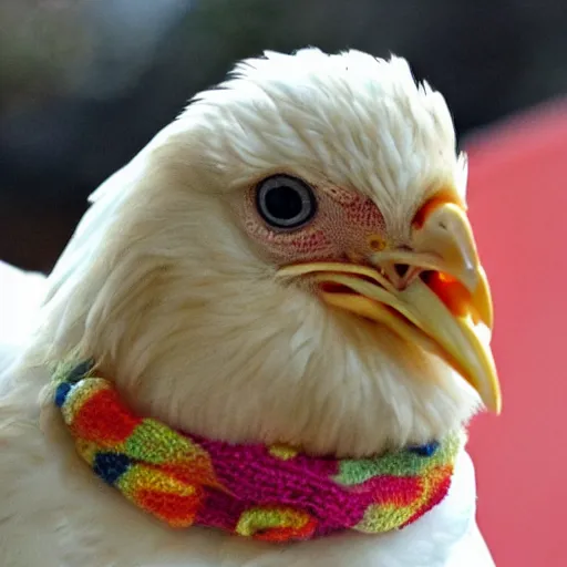 Image similar to A chicken wearing a scarf,