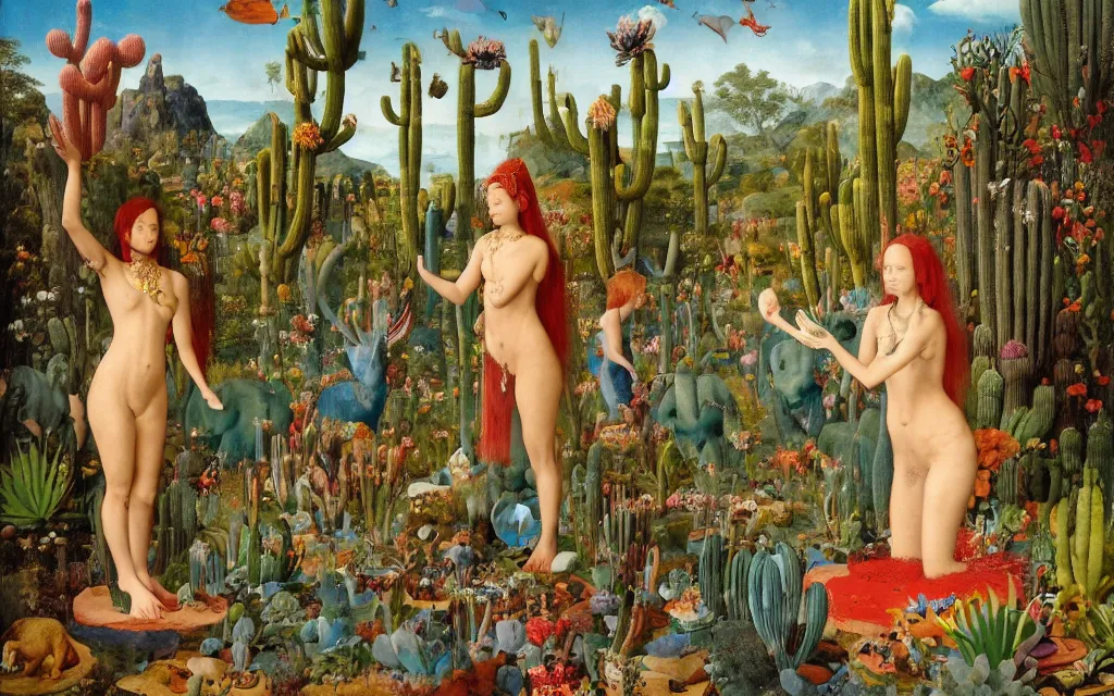 Image similar to a portrait photograph of a meditating mermaid shaman and a centaur monk feeding tropical animals at a wide river delta. surrounded by bulbous flowers, elephants, trees and cacti. mountain range under a vast blue sky of burning stars. painted by jan van eyck, max ernst, ernst haeckel and artgerm, cgsociety, artstation, fashion editorial