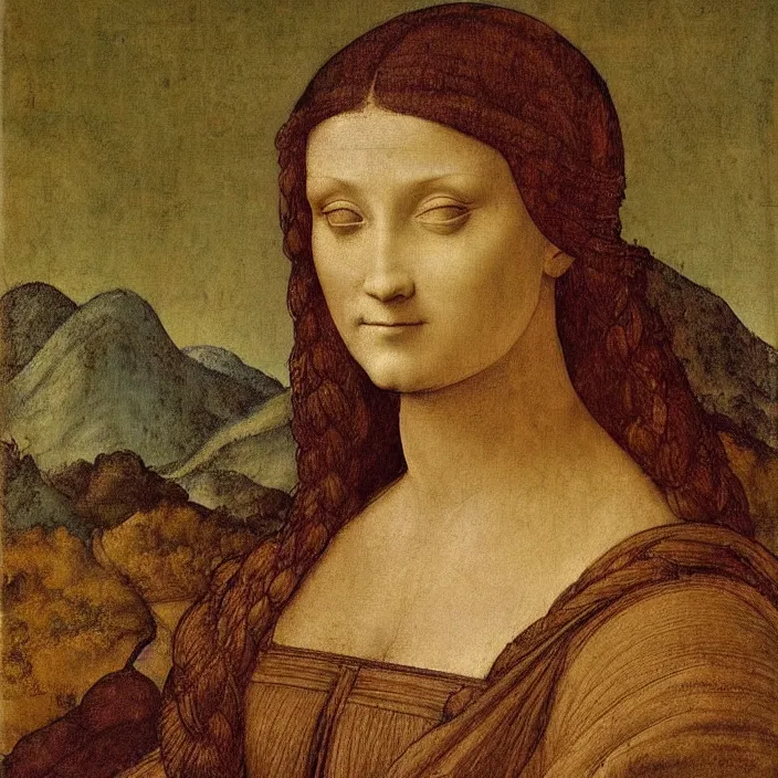 Image similar to a portrait of a woman painted by leonardo da vinci. the woman in the painting is shown seated with her hands folded in her lap. she is wearing a simple dress with a pattern of flowers. her hair is pulled back from her face and she has a small, faint smile. the background of the painting is a landscape of rolling hills and mountains.