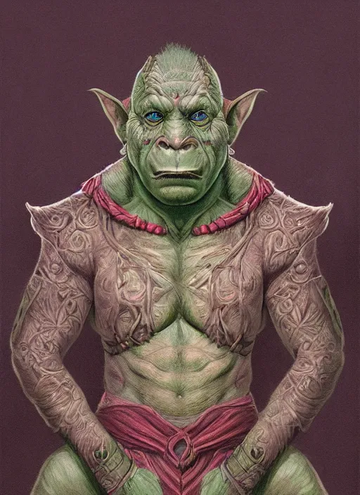 Prompt: detailed full body concept art illustration pastel painting of an orc poet in intricately designed clothing