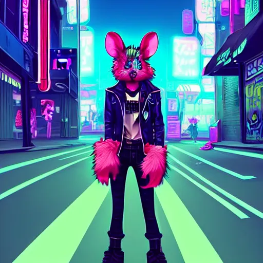 Image similar to beautiful furry digital art portrait commission of an androgynous furry anthro rat fursona wearing punk clothes in the streets of a cyberpunk city. neon signs. character design by charlie bowater, ross tran, artgerm, and makoto shinkai