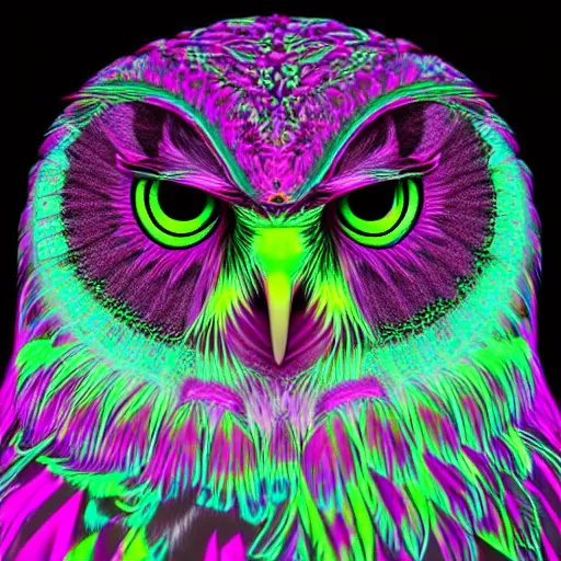 Prompt: neon tribal eurasian owl, pastel neon, photorealistic render 8k intricate, elegant, highly detailed, smooth, sharp focus, detailed face, high contrast, dramatic lighting, graphic novel, art by alex grey