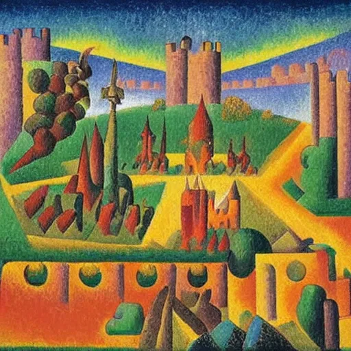 Image similar to medieval monks dancing around bonfire, knights and king at the top of the castle, farmers working in the field, large field of view landscape, fire fills the sky, Artwork by Jean Metzinger