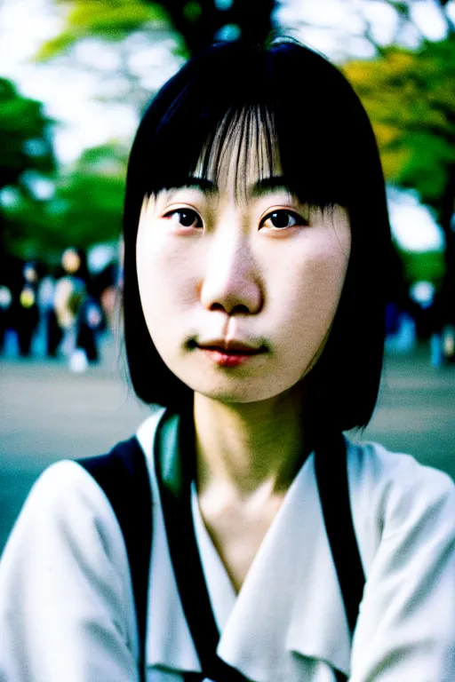 Prompt: photography street portrait of a beautiful japanese woman sitting in ueno park, shot on cinestill 5 0 d with a 3 5 mm lens aperture f / 5. 6, dynamic composition, close up, full frame, full res