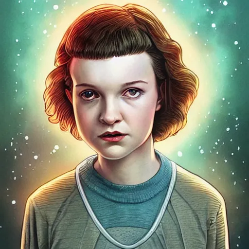 Prompt: potrait of Eleven from Stranger things by ((Anna Dittmann)),fantasy, digital