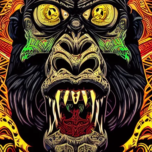 Prompt: barong family member, wiwek, mara demon, one single tribe member, jungle, one single mask, dark, ancient warrior, violent gorilla, lizard rage, tribal, inner glow, art by dan mumford and justin gerard