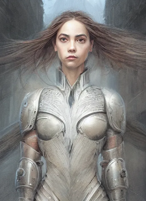 Image similar to a professional portrait of a beautiful young female, clothed in ethereal battle armor, olive skin, long dark hair, beautiful bone structure, symmetrical facial features, intricate, elegant, digital painting, concept art, smooth, sharp focus, finely detailed, illustration, from Valerian and the City of a Thousand Planets, in the style of Ruan Jia and Mandy Jurgens and Artgerm and Greg Rutkowski and William-Adolphe Bouguerea