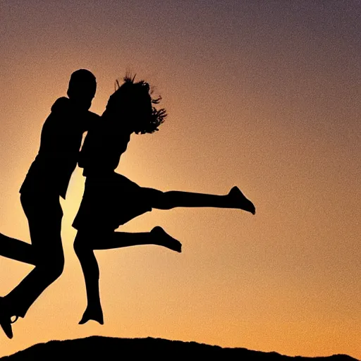 Prompt: a man holding a woman jumps into the air. the two figures are black silhouettes