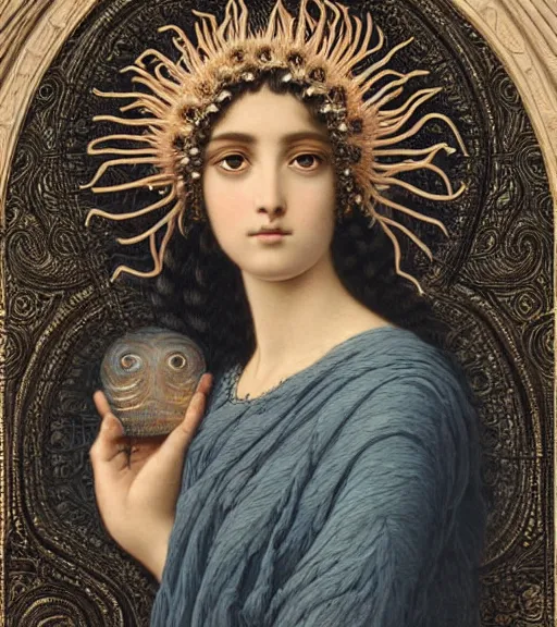 Image similar to portrait of a gorgeous sublime young goddess with intricate decorative jellyfish headdress and beautiful eyes, clear lines, detailed painting by john william godward and ernst haeckel and james jean