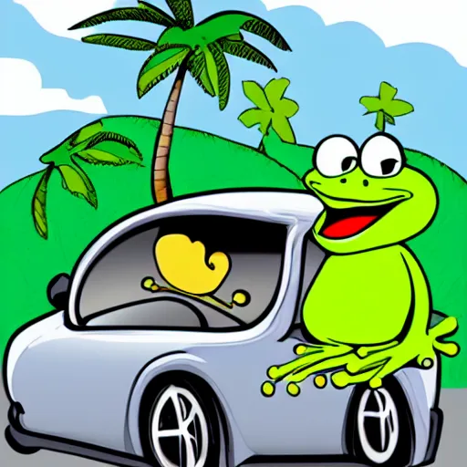 Image similar to frog with human body driving a car, palm trees