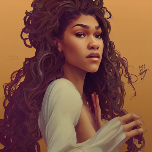 Prompt: A full portrait of Zendaya, intricate, elegant, highly detailed, digital painting, artstation, concept art, smooth, sharp focus, illustration, art by bouguerea and alphonse mucha