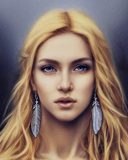 Image similar to pencil sketch of beautiful greek goddess aphrodite with arrowhead earrings and beautiful feather jewelry, beautiful piercing eyes, beautiful blonde hair, hyper realistic face, in the style of greg rutkowski, fantasy, amazing detail, epic, elegant, smooth, sharp focus, from the front