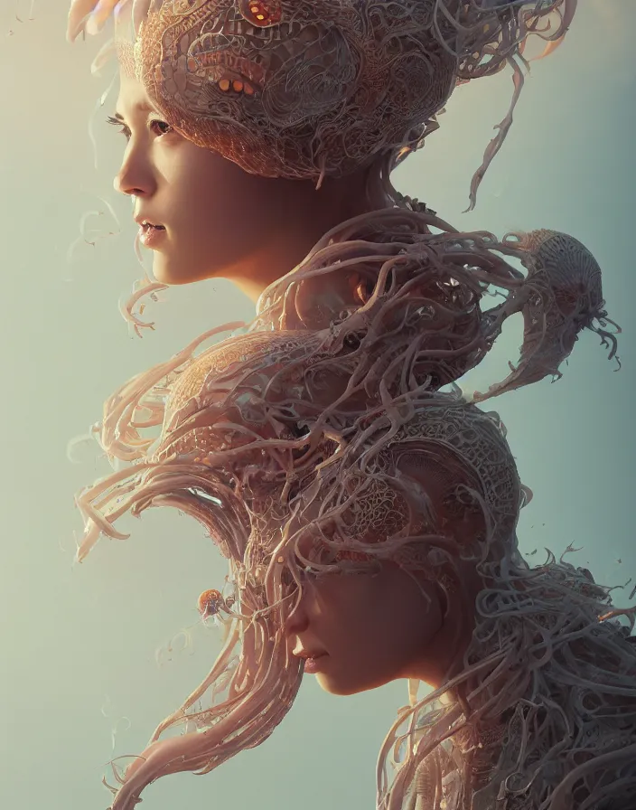 Image similar to goddess portrait. jellyfish phoenix head. intricate artwork by Tooth Wu and wlop and beeple. octane render, trending on artstation, greg rutkowski very coherent symmetrical artwork. cinematic, hyper realism, high detail, octane render, 8k