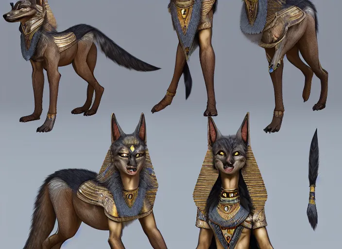 Prompt: hd fullbody egyptian wolf anubis character design of a egyptian anubis monster wolf. egyptian wolf deviantart adoptable, deviantart species style of maple story and zootopia, artgerm, studio lighting by jessica rossier and brian froud, traditional, artstationhd artstation, zootopia, hq textures