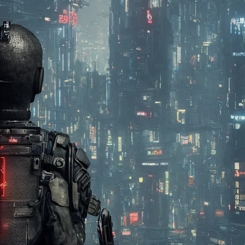 Image similar to closeup portrait of a beautiful guard dystopian cyberpunk seen from the back ultra realistic 4K