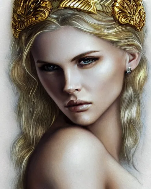 Image similar to tattoo design sketch of hot blonde super model as aphrodite greek goddess wearing a gold laurel wreath and triangle earrings, beautiful piercing gaze with sharp pupils, in the style of greg rutkowski, fantasy, amazing detail, epic, elegant, smooth, sharp focus, front view