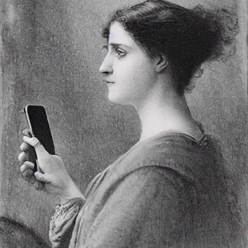 Prompt: 1 9 1 0 s woman taking a selfie with an iphone, style of gustave dore