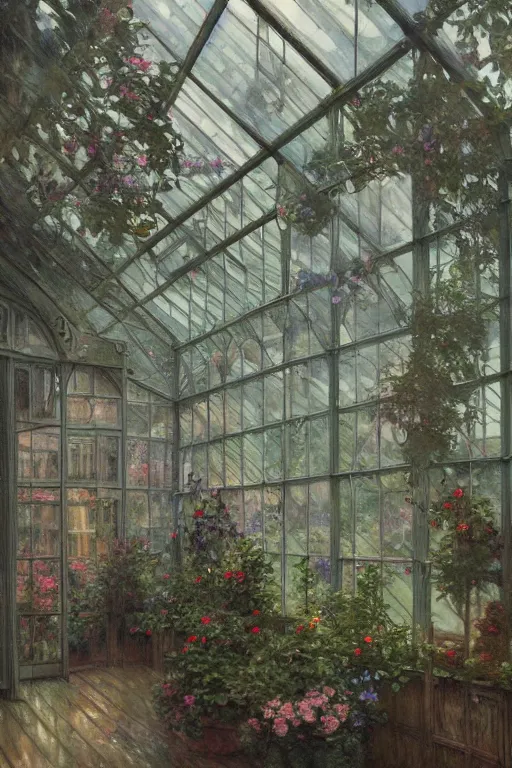 Image similar to a beautiful painting of a greenhouse, beside the window, rainy, downpour, gloomy and depressed, dark, low saturation, rococo, by krenz cushart and mucha and monet, trending on artstation.