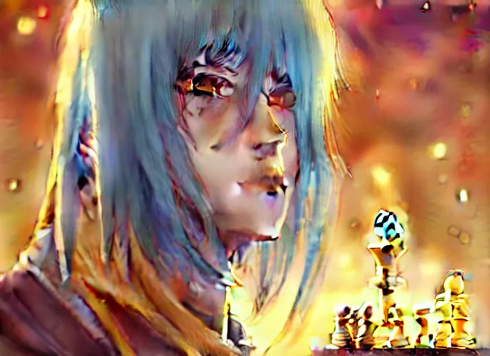 Image similar to rimuru playing chess, with amber eyes of gold color, straight hair, sky blue hair, long bangs, high collar, concept art, award winning photography, digital painting, cinematic, by wlop, anime key visual, wlop, 8 k, by ross tran, tom bagshaw, andy warhol