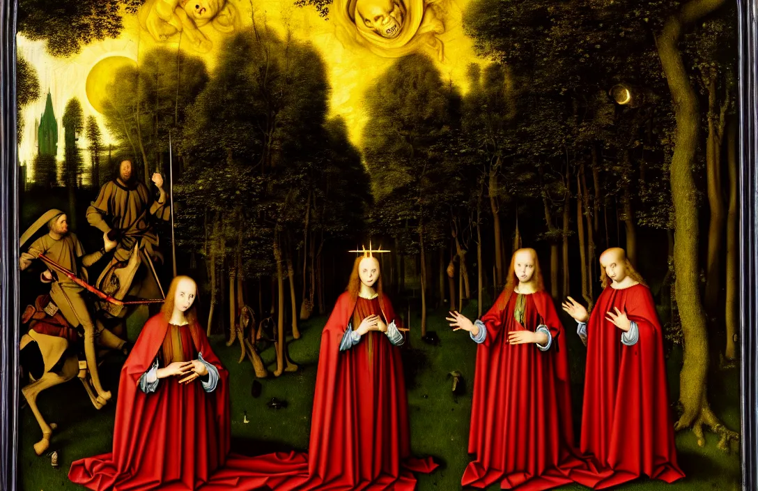 Image similar to altarpiece death roll intact flawless ambrotype from 4 k criterion collection remastered cinematography gory horror film, ominous lighting, evil theme wow photo realistic postprocessing visuals excite moon visible through the trees has its own distinctive quality quite unlike any other painting by jan van eyck