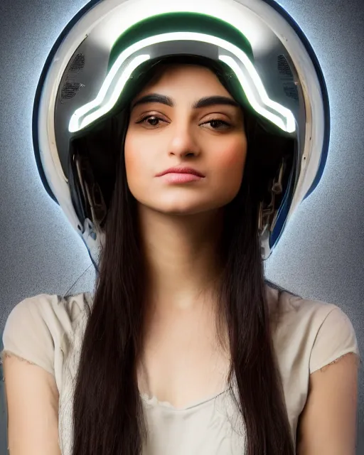 Image similar to centered medium shot fine studio photograph of a beautiful persian girl wearing a persian solarpunk electronic helmet with led lights, ultra-realistic, white background, 8k HDR morning light, intricate detail