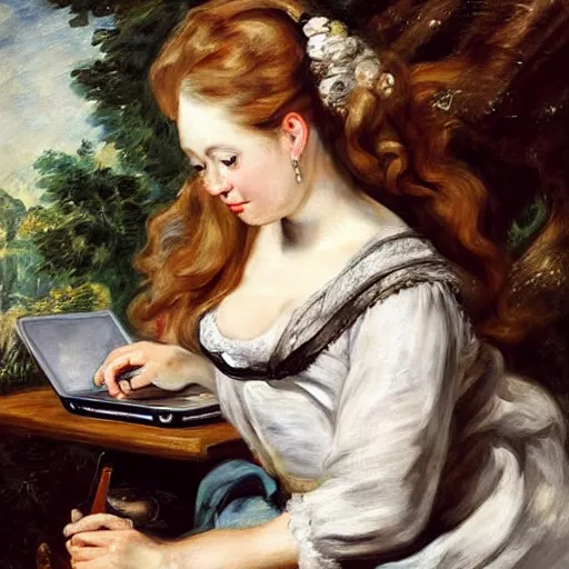 Image similar to heavenly summer sharp land sphere scallop well dressed lady working on her laptop while drinking a starbucks coffee, auslese, by peter paul rubens and eugene delacroix and karol bak, hyperrealism, digital illustration, fauvist