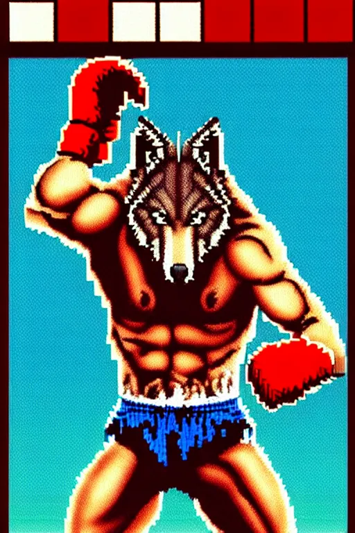 Image similar to extreme long shot. 8 bit nes graphics. antropomorphic muscular masculine wolf. kickboxer fighter, in shorts. wolf head. angry. fine details, very sharp, art from nes game cartridge, 8 0's, vhs artefacts, vaporwave style, marc simonetti and hermann nitsch and anish kapoor.