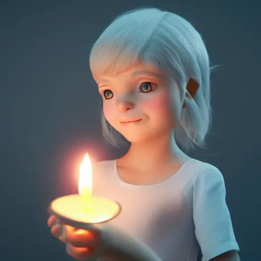 Prompt: A cute girl holding a glowing candle, fragile, soft, vray, octane render, trending on artstation, 3d character, game character