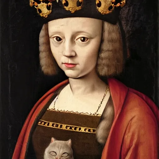 Prompt: a Cat wearing a crown and cape, dark background in a renaissance style portrait painting