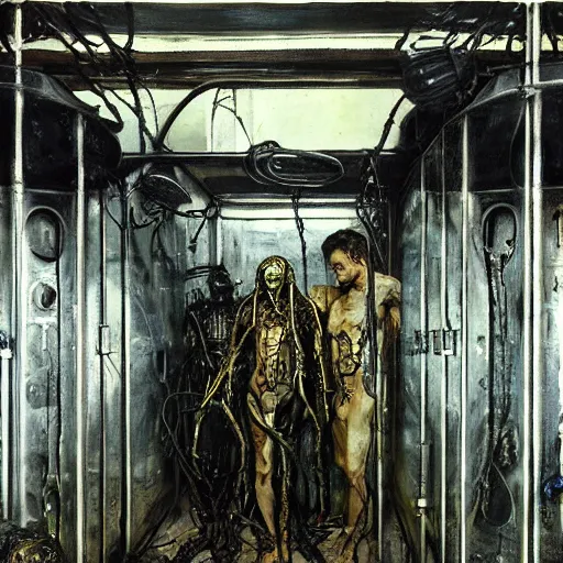 Prompt: horrorpunk interior of pristine steampunk asylum laboratory testing chamber containing a chained mutant cyborg nicola samori hr giger william-adolphe borguereau viktor vasnetsov charlie bowater acrylic painting