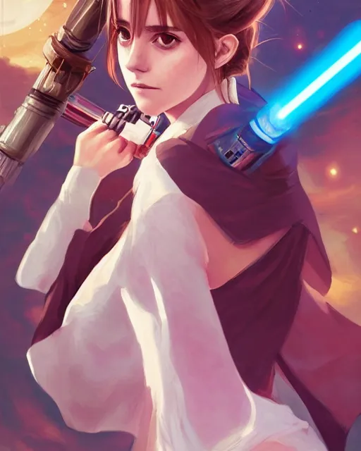 Image similar to An anime portrait of Emma Watson as a beautiful woman in the Star Wars universe with a lightsaber, by Stanley Artgerm Lau, WLOP, Rossdraws, James Jean, Andrei Riabovitchev, Marc Simonetti, and Sakimichan, trending on artstation