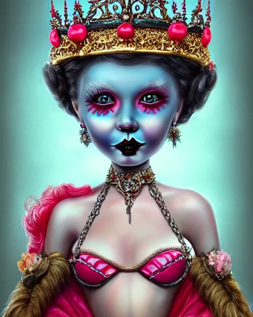 Image similar to closeup profile portrait of a tin toy goth fairytale princess wearing a crown and sitting on a throne, bikini, hyper realistic, artstation, illustration, concept art by nicoletta ceccoli, mark ryden, lostfish, dan decarlo, bob clampett, max fleischer, digital paint, matte paint, vivid colors, bright, cheerful, detailed and intricate environment