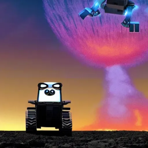 Image similar to wall-e witnessing a nuclear explosion in the distance