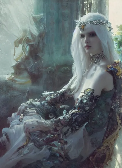 Image similar to a beatiful white haired princess, adorned with precious stone jewelry, intricate concept art, ethereal, ominous, dramatic lighting, Ruan Jia and Jeremy Mann and Alphonse Mucha