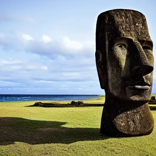 Image similar to a moai that looks like walter white, photograph, shot on easter isle, simple composition