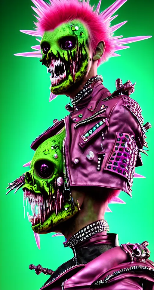 Image similar to action shot of a punk rock zombie with green skin and pink crystal mohawk, red leather jacket, covered in florals and gems, digital art, octane render, fantasy, photorealistic, cinematic lighting, art by hajime sorayama, wayne barlowe, boris vallejo