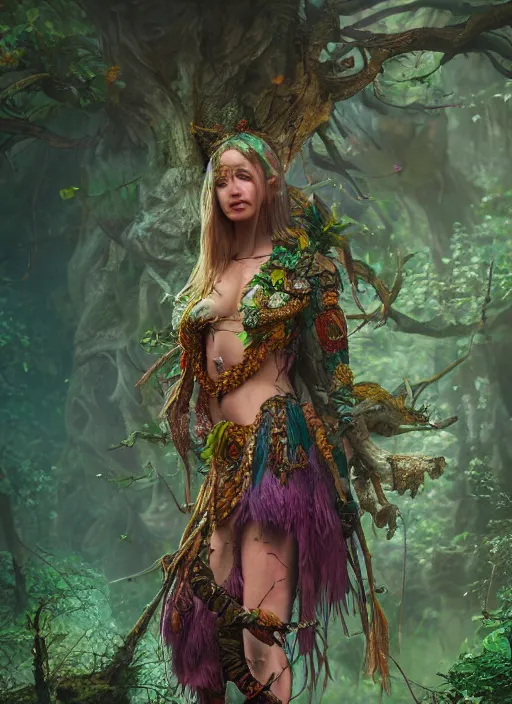 Image similar to detailed full body concept colorful fantasy painting of a forest huntress in intricate clothing, cinematic lighting, hyperdetailed, 8k, high resolution, insanely detailed and intricate, octane render