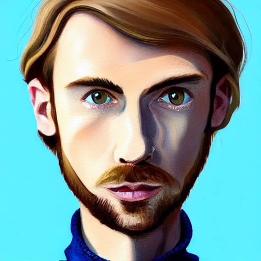 Prompt: gangly man with short blond brown wavy hair, blond brown stubble thin beard, no mustache, English heritage, blue eyes, middle aged, wearing a turtleneck and jacket, pale skin, frowning, narrow face, crows feet, digital art, painterly, cartoon, cute, 8k, illustration, art by loish, painterly, trending on artstation, medium shot, uncropped